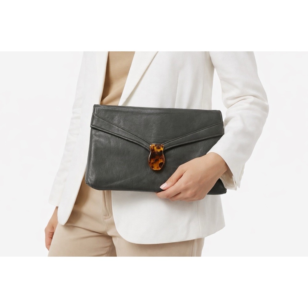 Vintage Large Gray Leather Classic Chic Envelope Clutch Tortoise Bakelite Clasp
